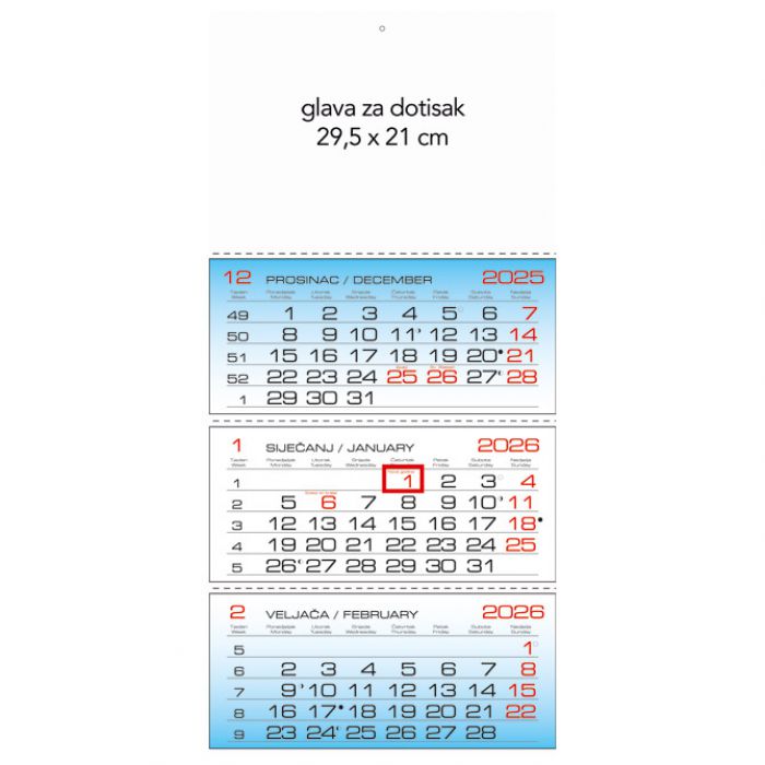 Kalendar zidni trodijelni 2025.-3 bloka, preklopni