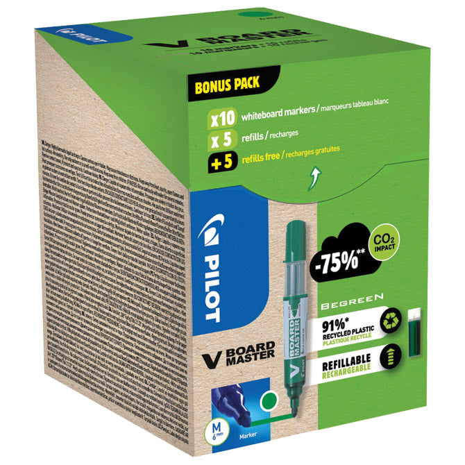 SET MARKER ZA BIJELU PLOČU 2,3 MM V BOARD MASTER BEGREEN PK10 PILOT  PLUS  REFILI (5 PLUS 5 GRATIS) ZELENI