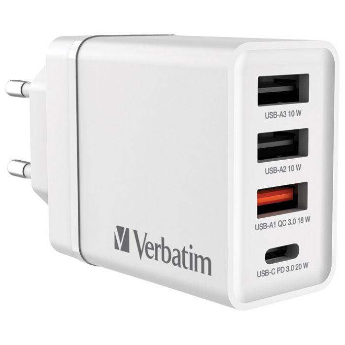 PUNJAČ ZA MOBILNE UREĐAJE ZIDNI 1XUSB-C/PD 20W/1XUSB-A QC 3.0/2XUSB-A 10W VERBATIM 49701 BIJELI