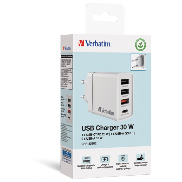 PUNJAČ ZA MOBILNE UREĐAJE ZIDNI 1XUSB-C/PD 20W/1XUSB-A QC 3.0/2XUSB-A 10W VERBATIM 49701 BIJELI