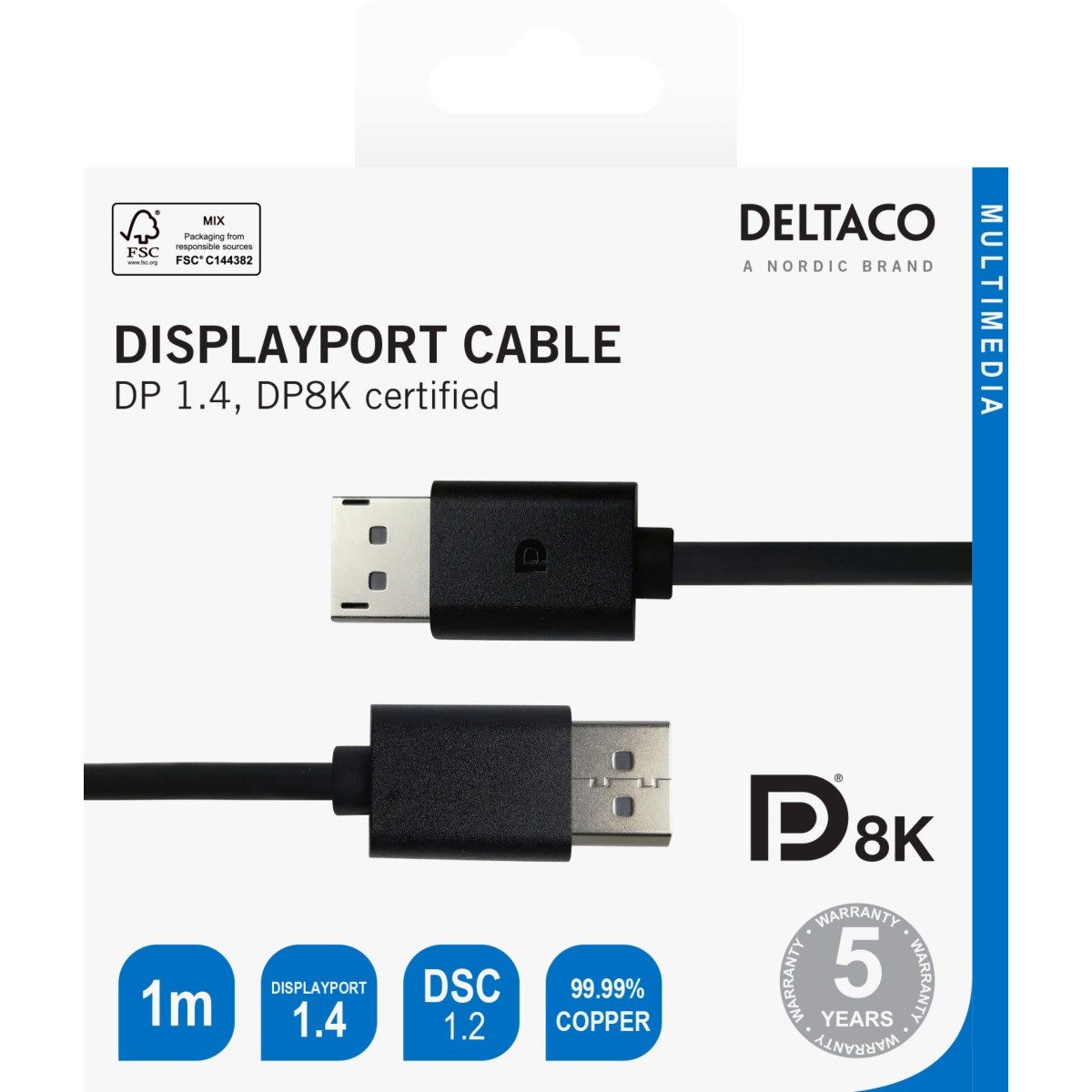 DELTACO Kabel DisplayPort 8K, DP 1.4, 1m, CRNI