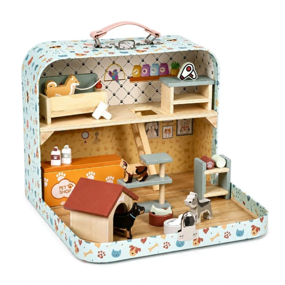 Ecotoys Drveni Pet Shop u prijenosnom koferu, set od 23 dodataka