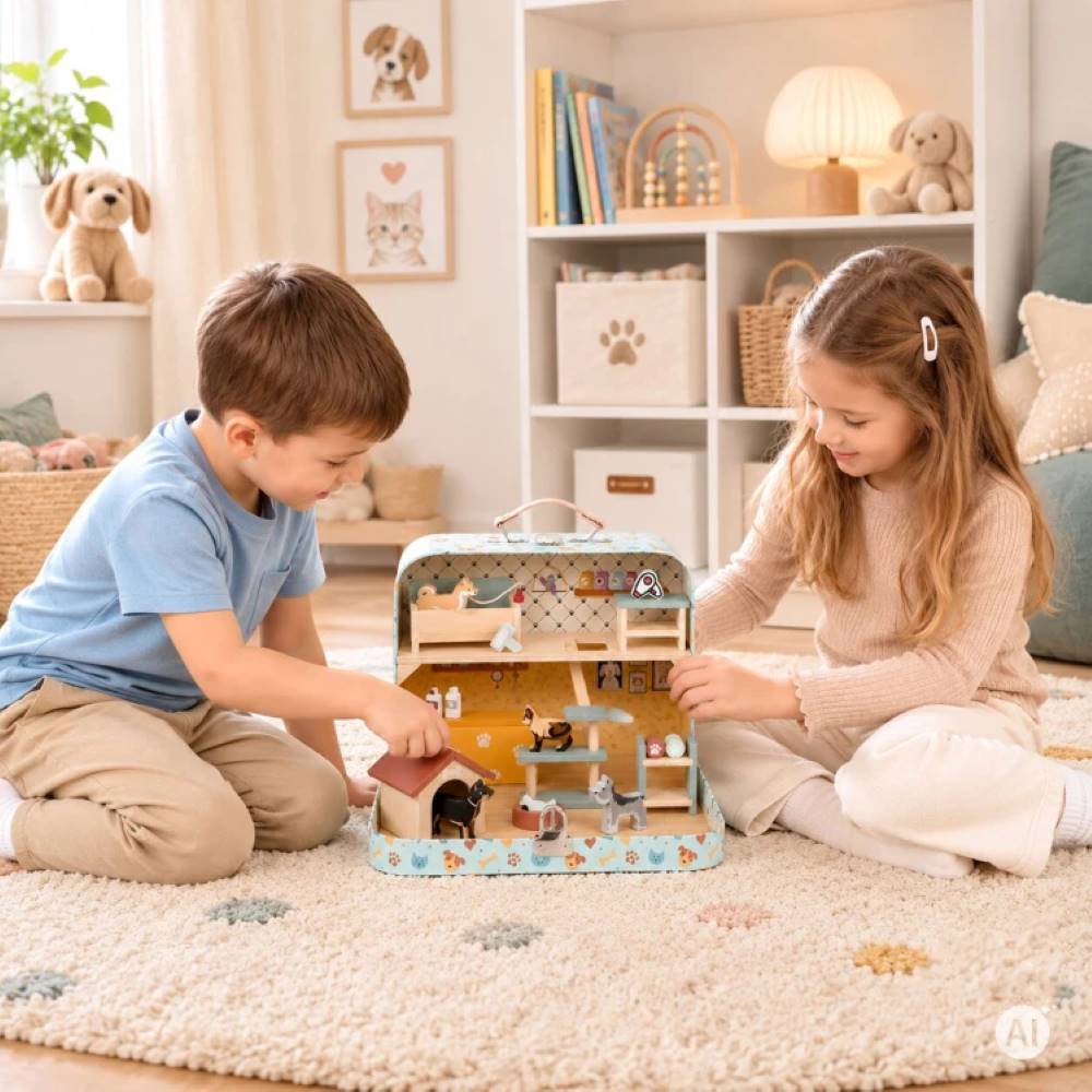 Ecotoys Drveni Pet Shop u prijenosnom koferu, set od 23 dodataka