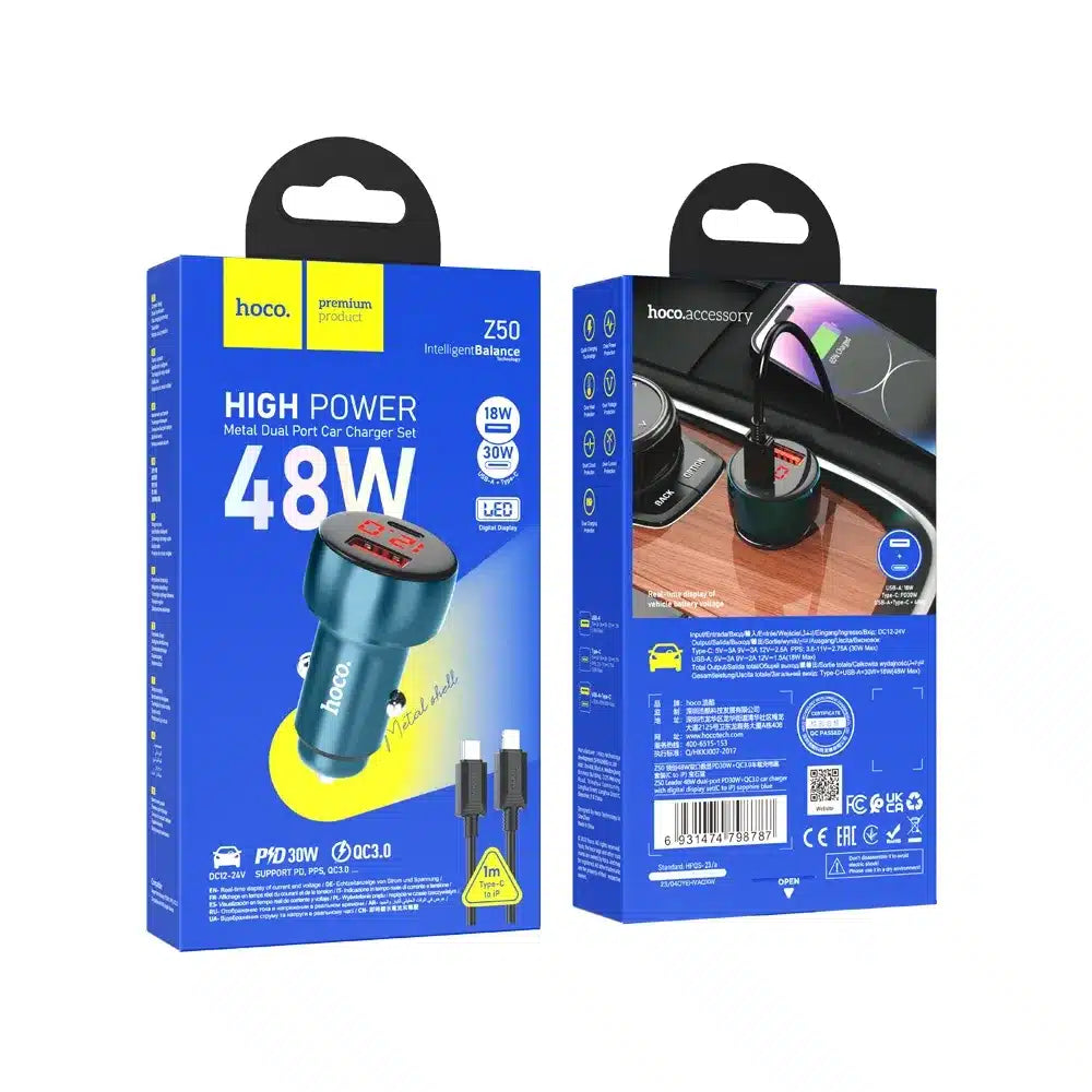 HOCO auto punjač USB QC 3.0 + Type C + kabel Type C na Type C PD 48W Leader Z50 metalno sivi