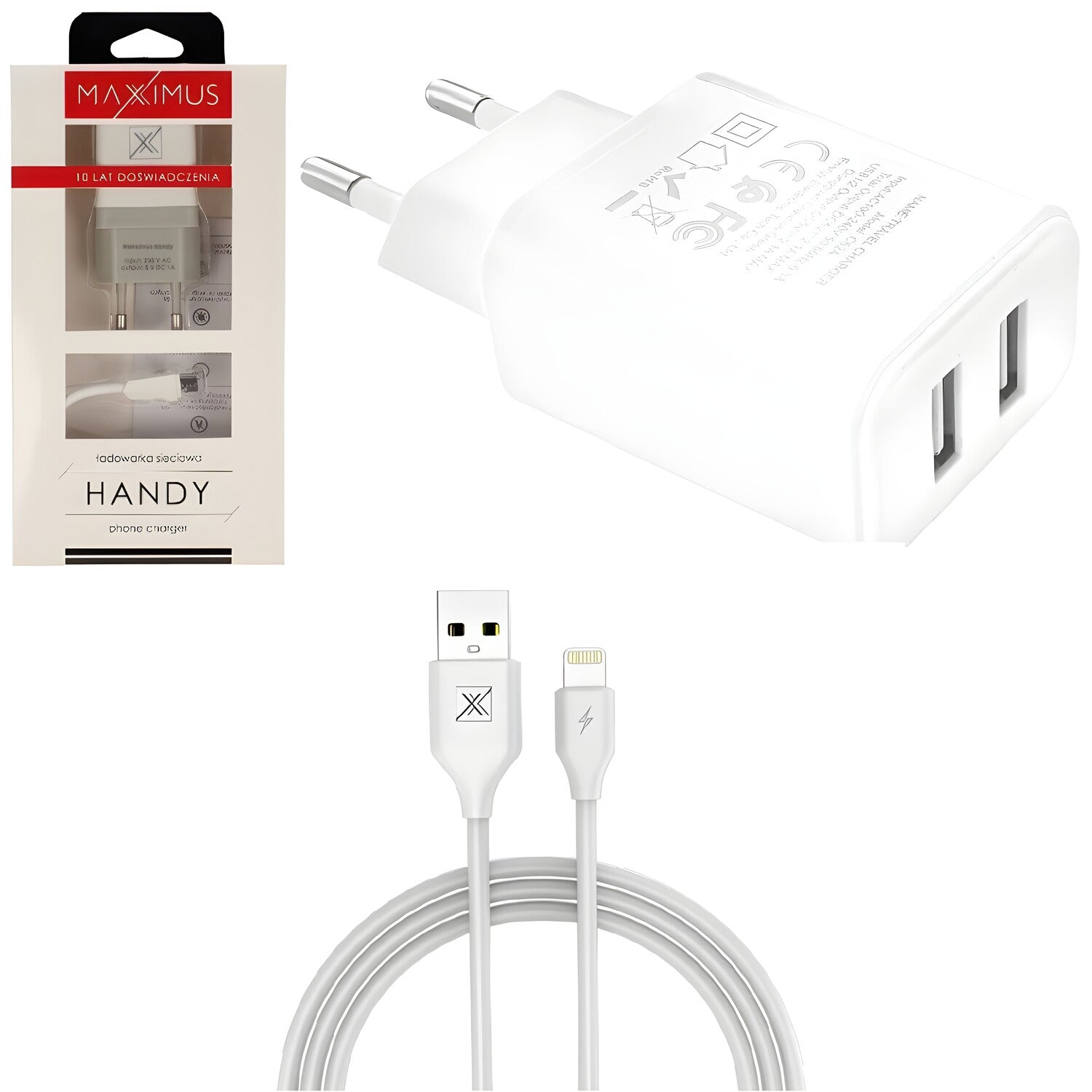 Maxximus mrežni punjač + kabel - 2.1A Lightning - 2x USB - Bijela KP32814