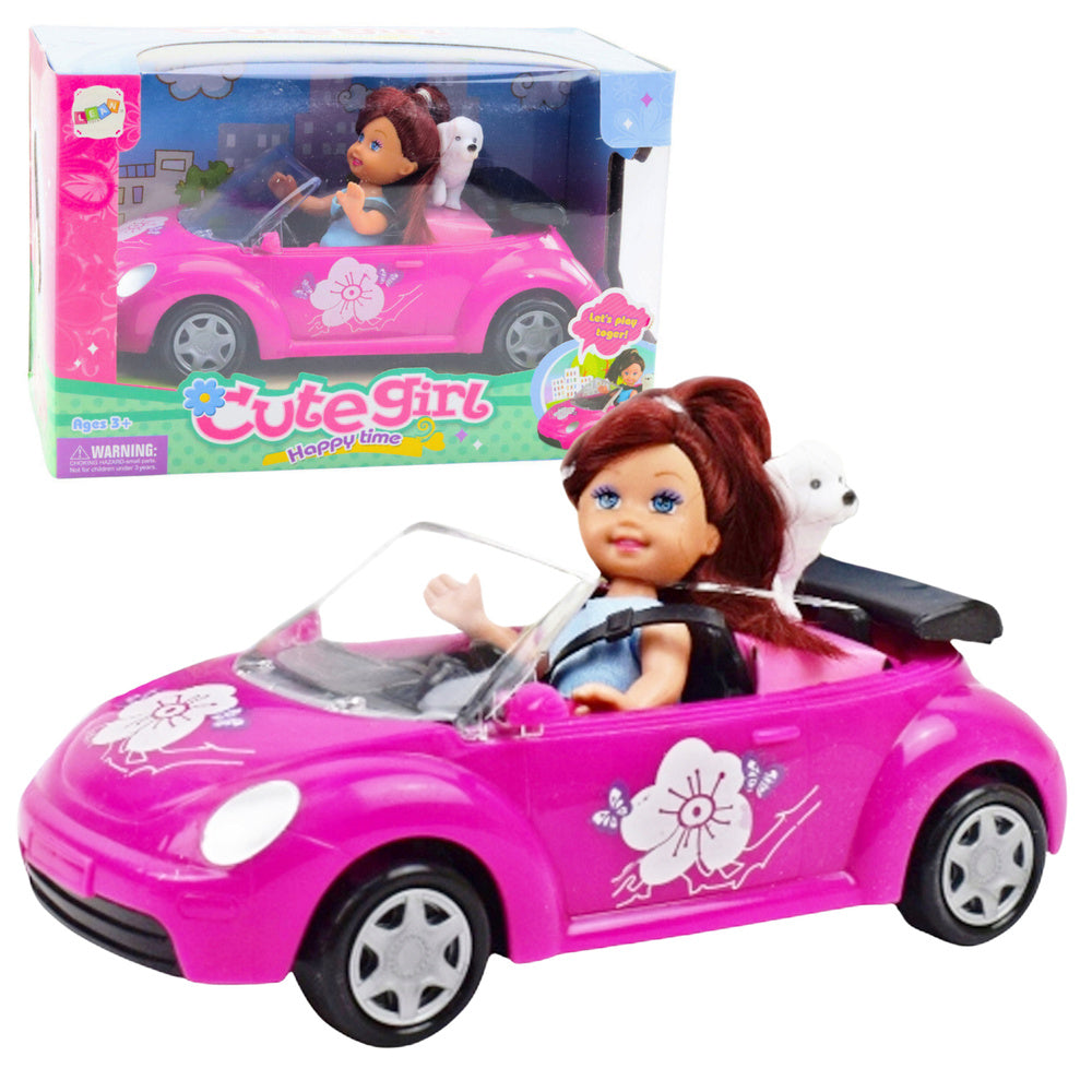 Mini lutka u kabrioletu s psom - rozi
