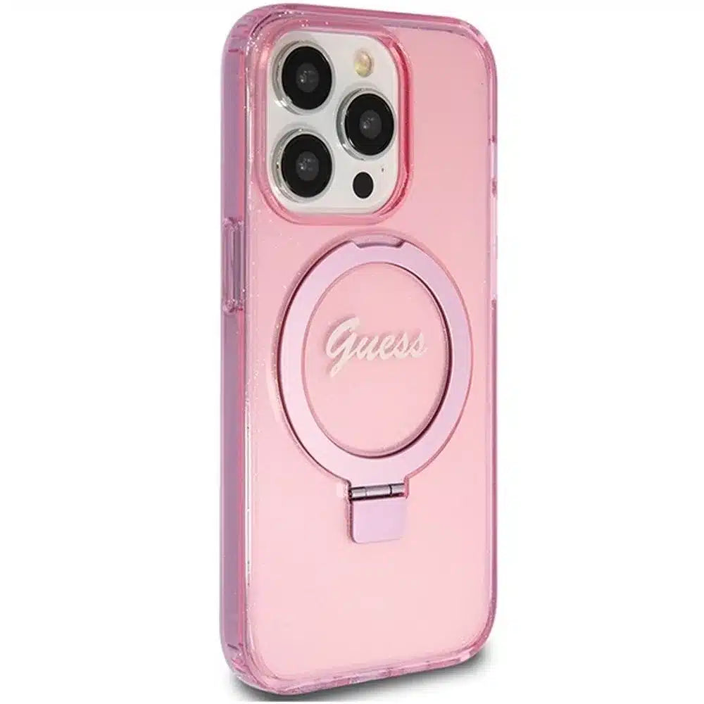 Originalna GUESS Hardcase GUHMP15XHRSGSP torbica za iPhone 15 Pro Max (Magsafe / Glitter Script Logo / stalak za prsten / pink)