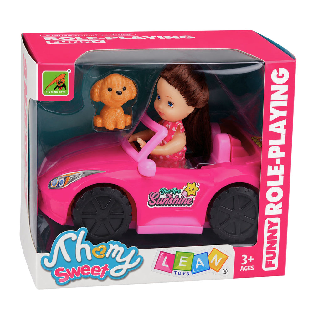 Mini Doll in a Convertible Car Set with Dog Figurine Pink