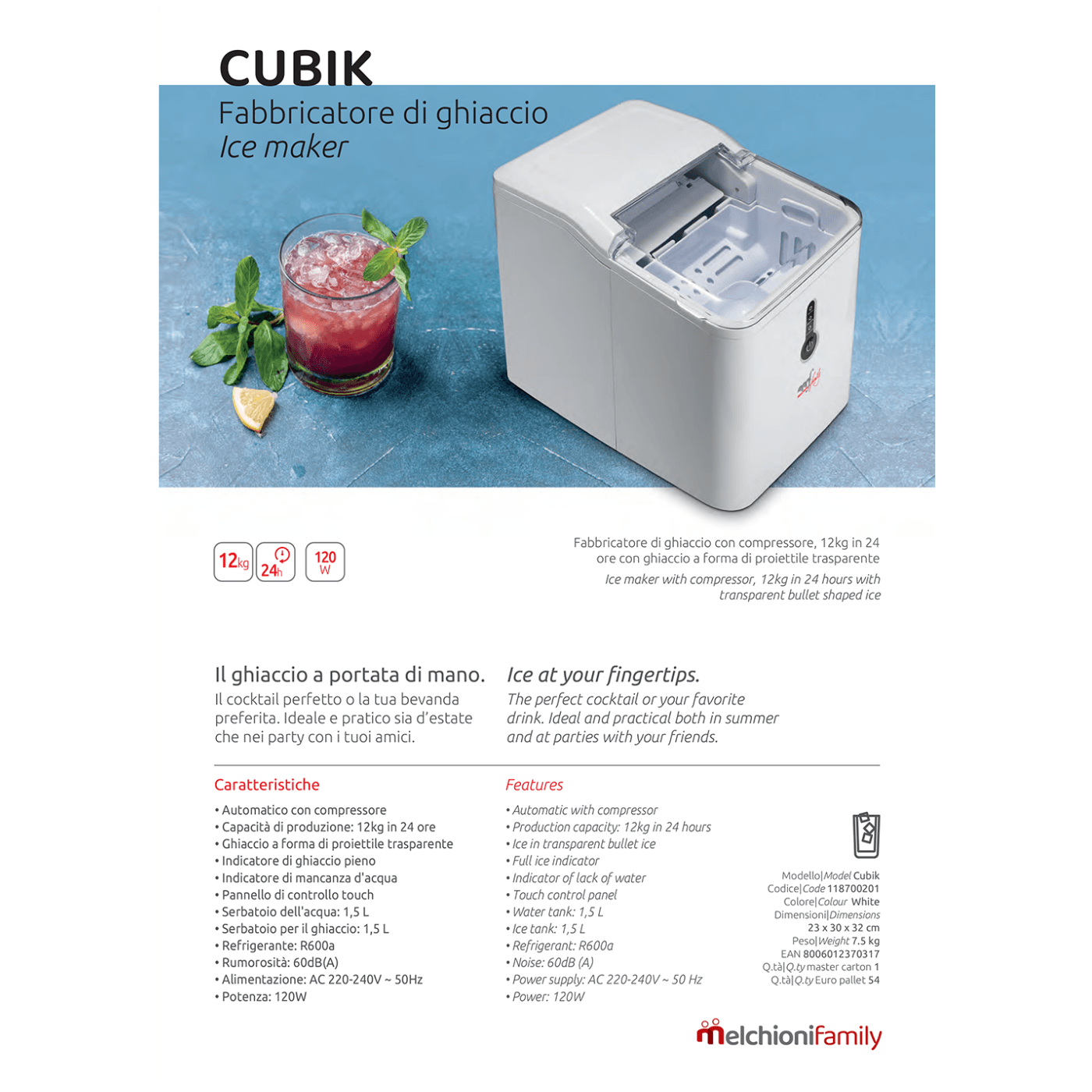 MELCHIONI family Aparat za led - Ledomat, 1.5 lit, 12kg/24 h, R600a - Cubik