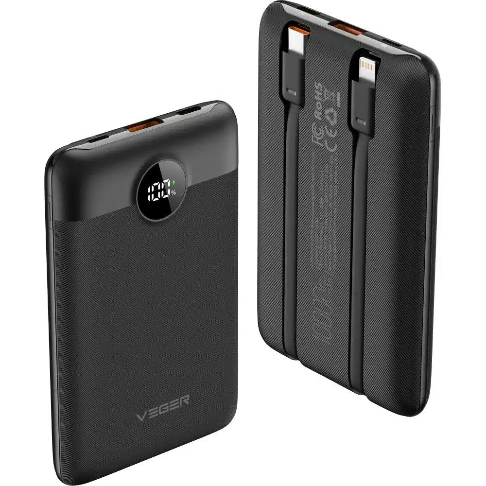 VEGER powerbank 10000 mAh s ugrađenim kabelima Type C / Lightning PD QC3.0 2A 22.5W C11 (W1170) crni