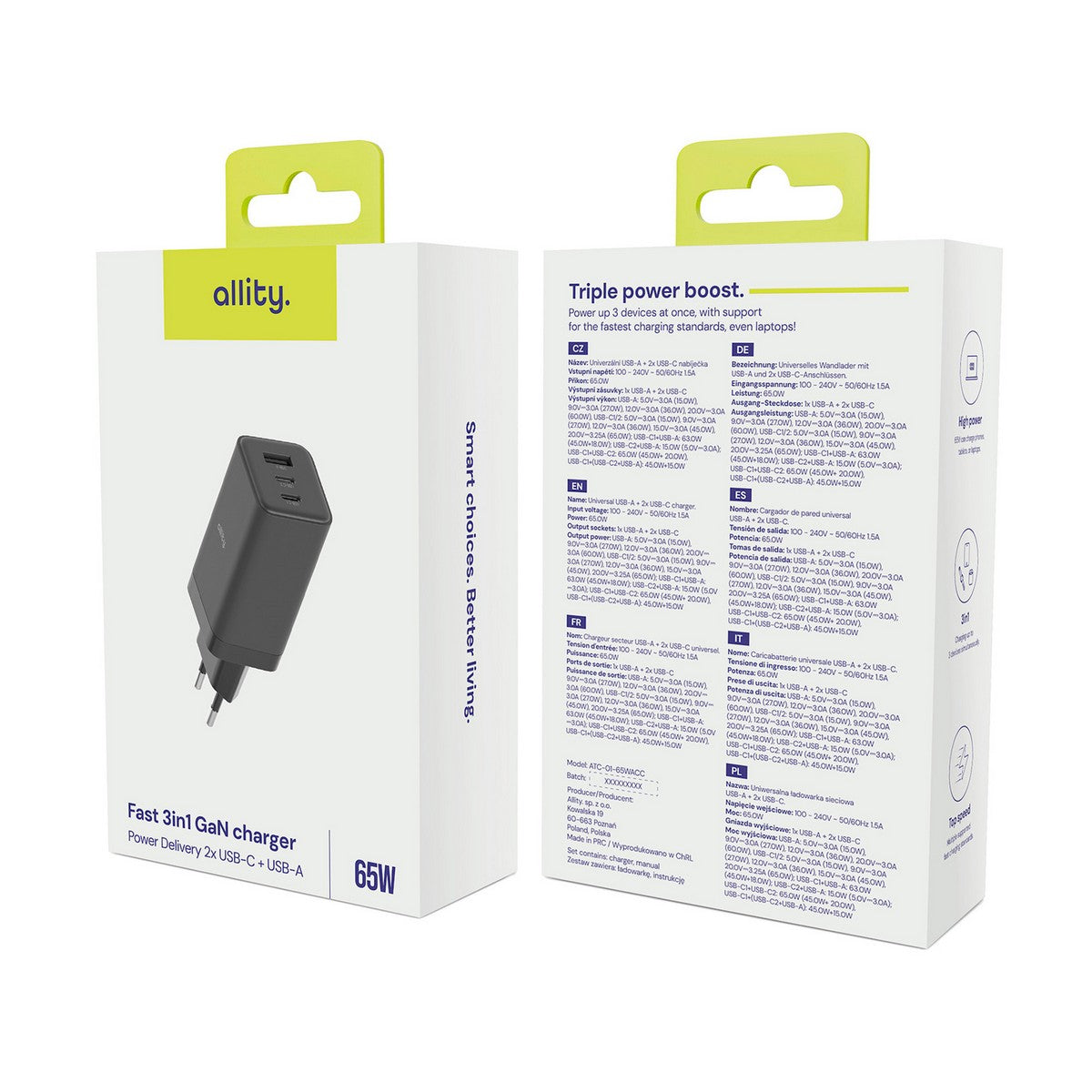 ALLITY zidni punjač GaN PD QC ATC-01-65WACC 2x USB-C 1x USB-A 65W crni