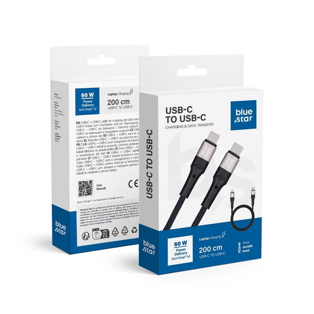 USB C na USB C kabel Blue Star 3A 60W PD QC4.0 pleteni 2m TFK-DC-004 crni