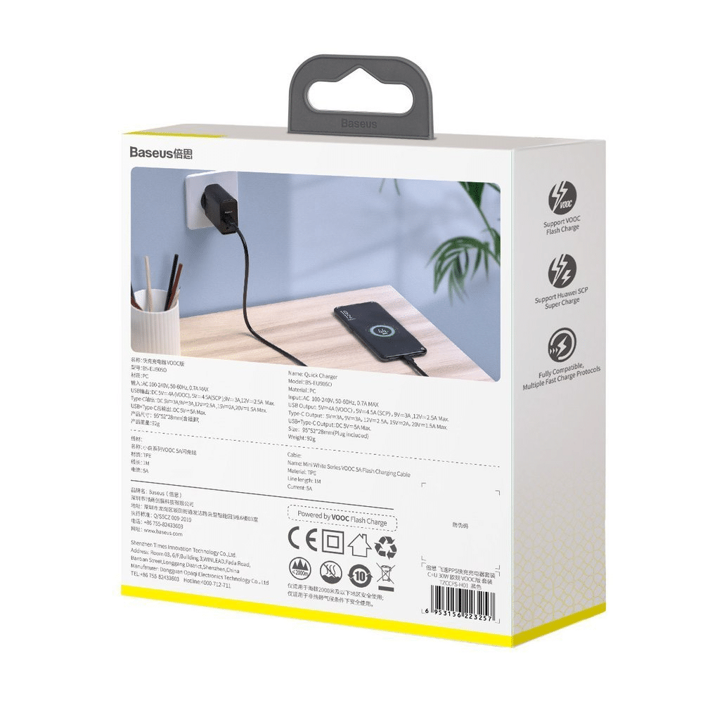 Baseus Speed PPS VOOC TZCCFS-H01 AC punjač USB / USB-C / 4.5A / QC 4.0 / PD 3.0 crni