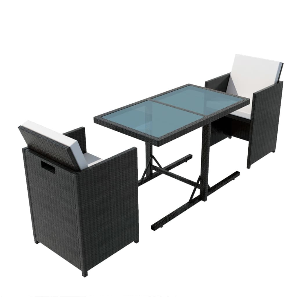 3-dijelni bistro set od poliratana s jastucima crni