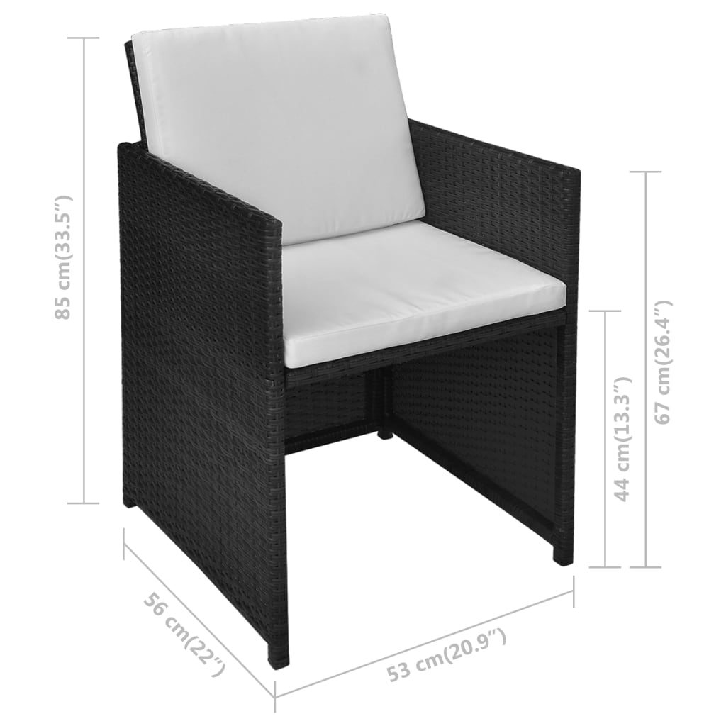 3-dijelni bistro set od poliratana s jastucima crni