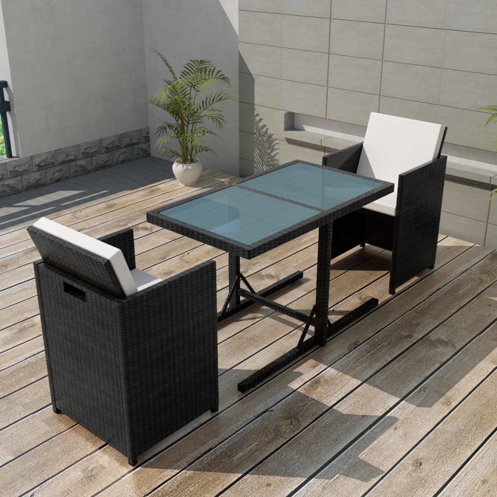 3-dijelni bistro set od poliratana s jastucima crni