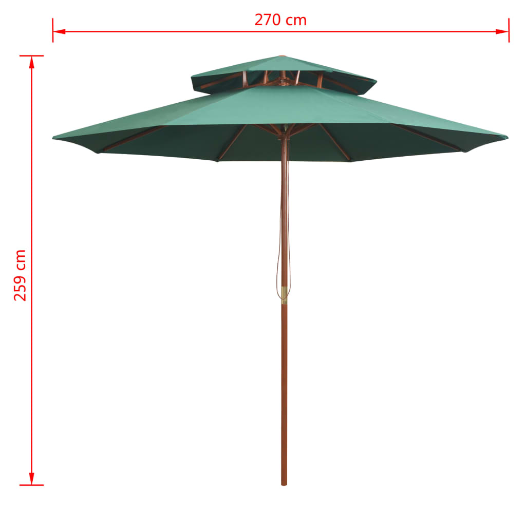 Dvoslojni suncobran 270 x 270 cm s drvenim stupom zeleni