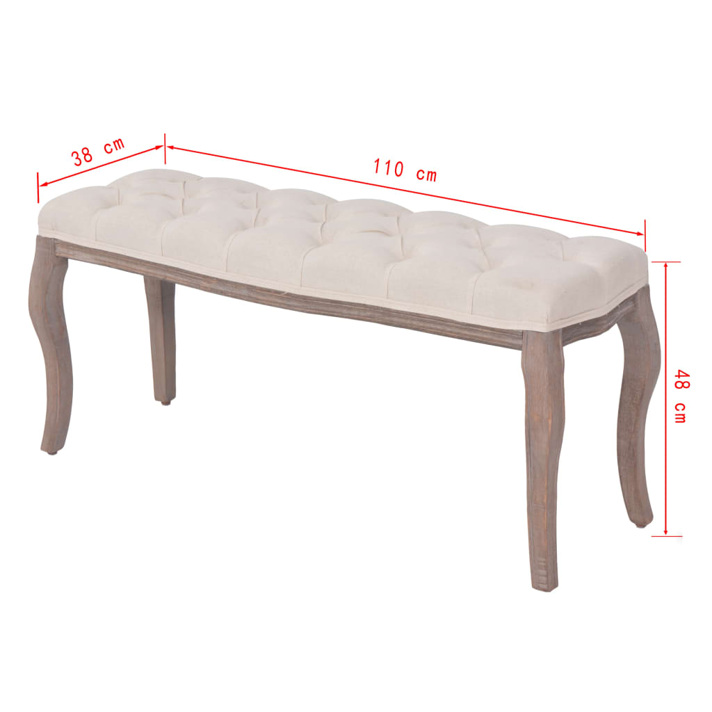 Klupa od Tkanine i Masivnog Drva 110x38x48 cm Krem Bijela