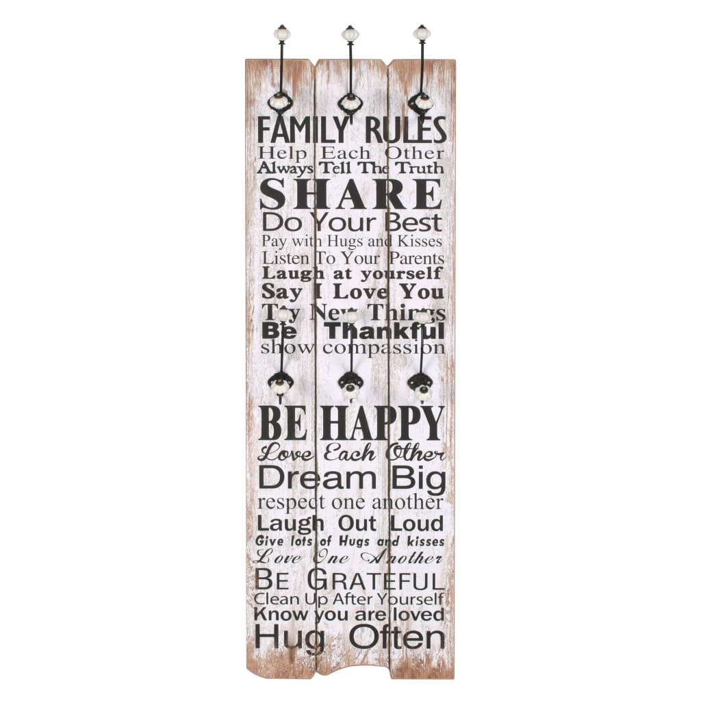 Zidna vješalica za kapute sa 6 kuka "FAMILY RULES" 120 x 40 cm