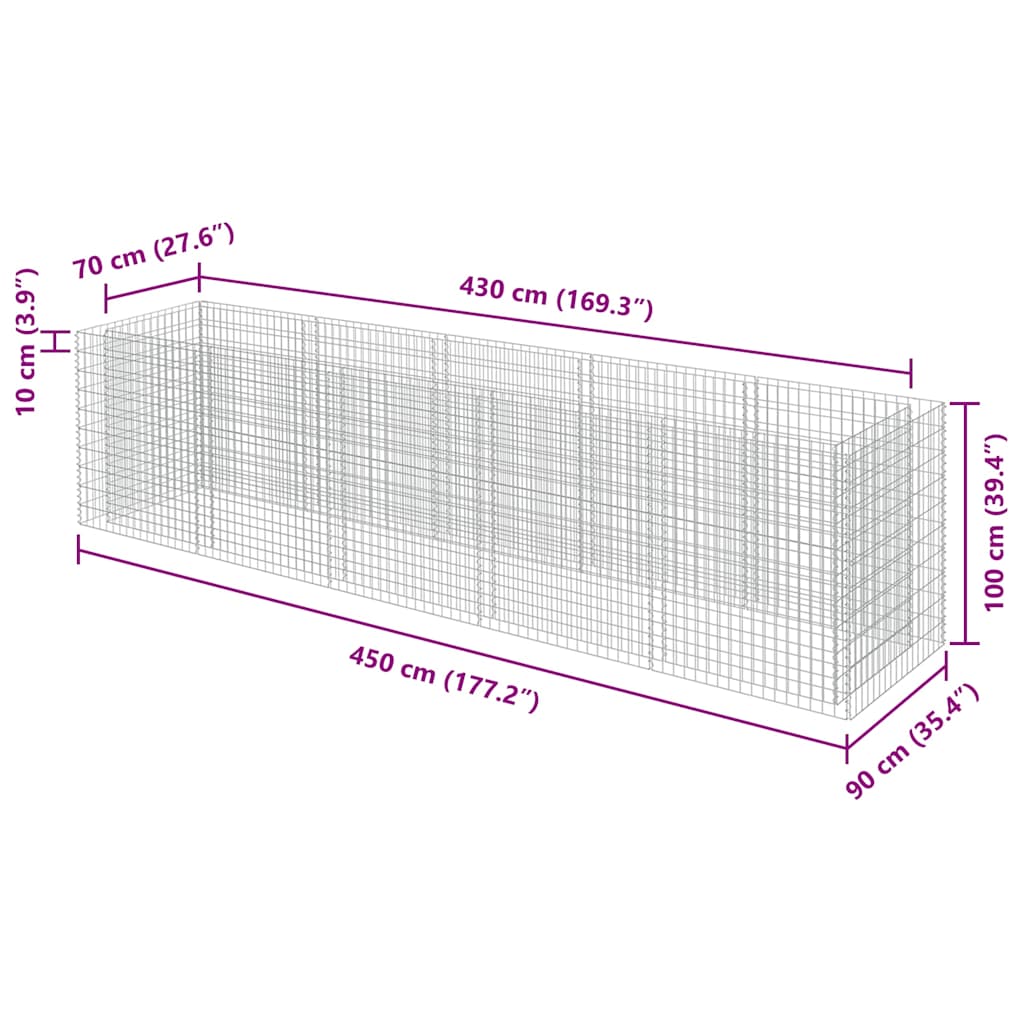 Gabionska sadilica od pocinčanog čelika 450 x 90 x 100 cm