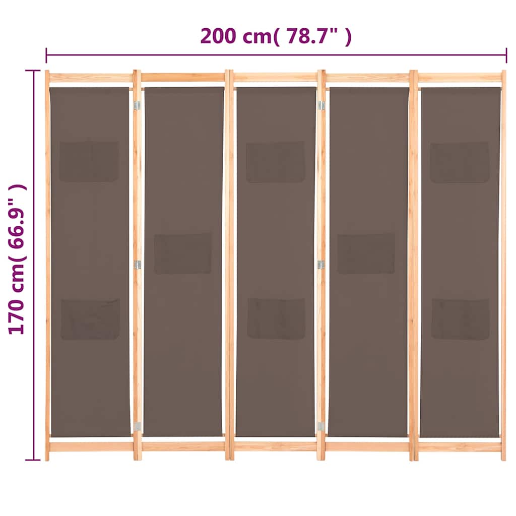 Sobna pregrada s 5 panela od tkanine 200 x 170 x 4 cm smeđa