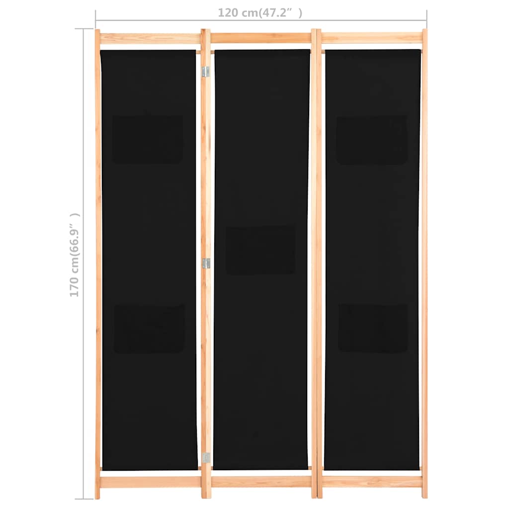 Sobna pregrada s 3 panela od tkanine 120 x 170 x 4 cm crna