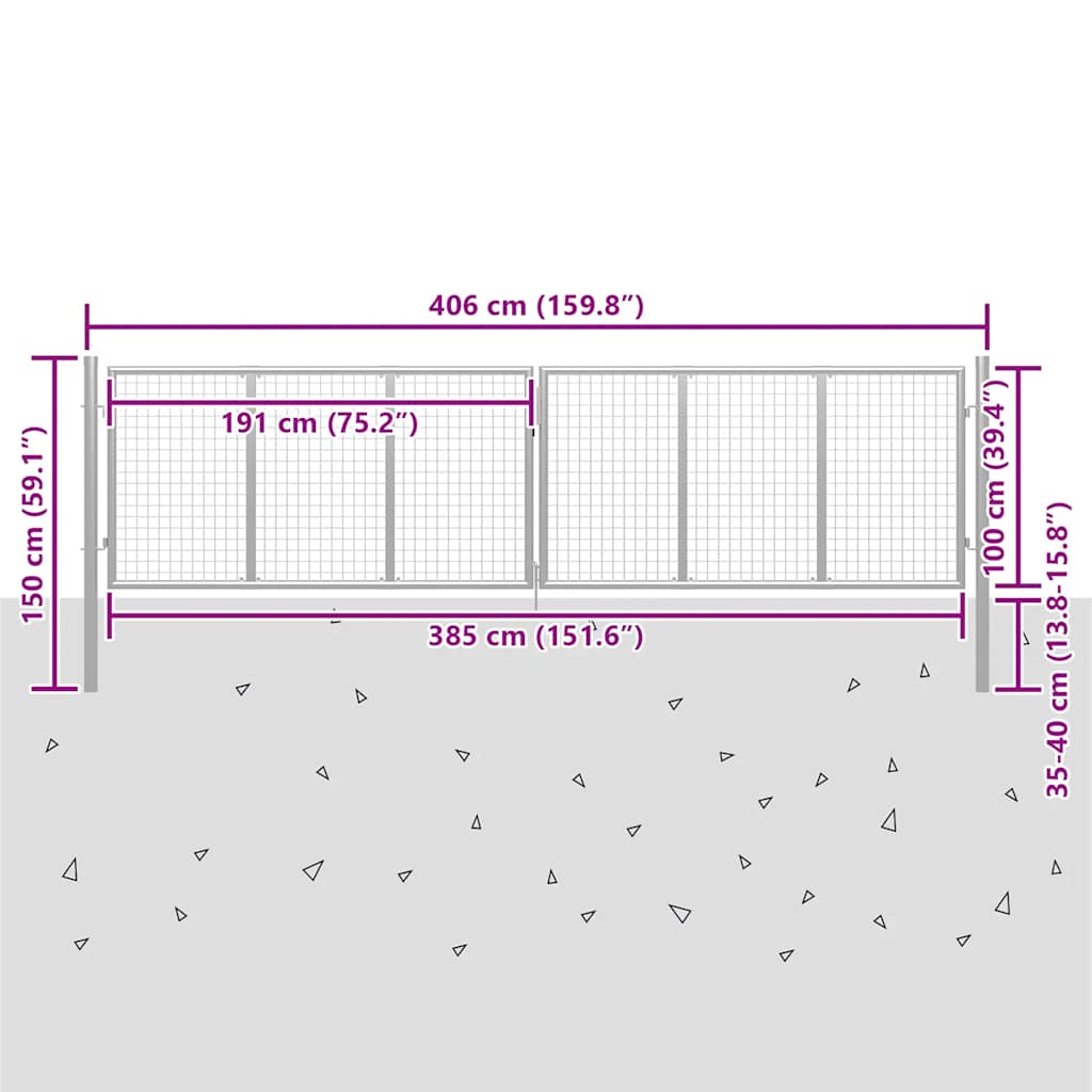 Vrtna vrata od pocinčanog čelika 400x100 cm srebrne boje