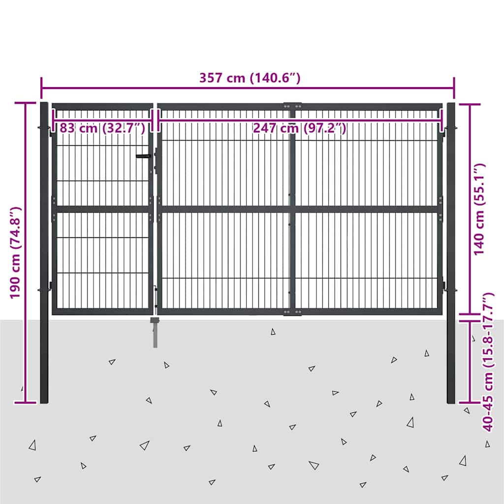 Vrtna vrata sa stupovima čelična 350 x 140 cm antracit