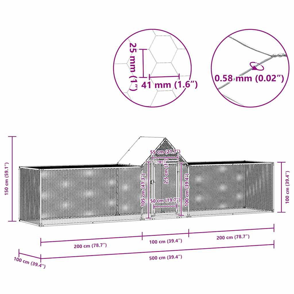 Kokošinjac od pocinčanog čelika 5 x 1 x 1,5 m
