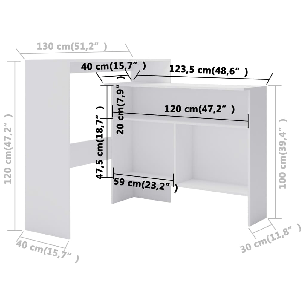 Barski stol s 2 stolne ploče bijeli 130 x 40 x 120 cm