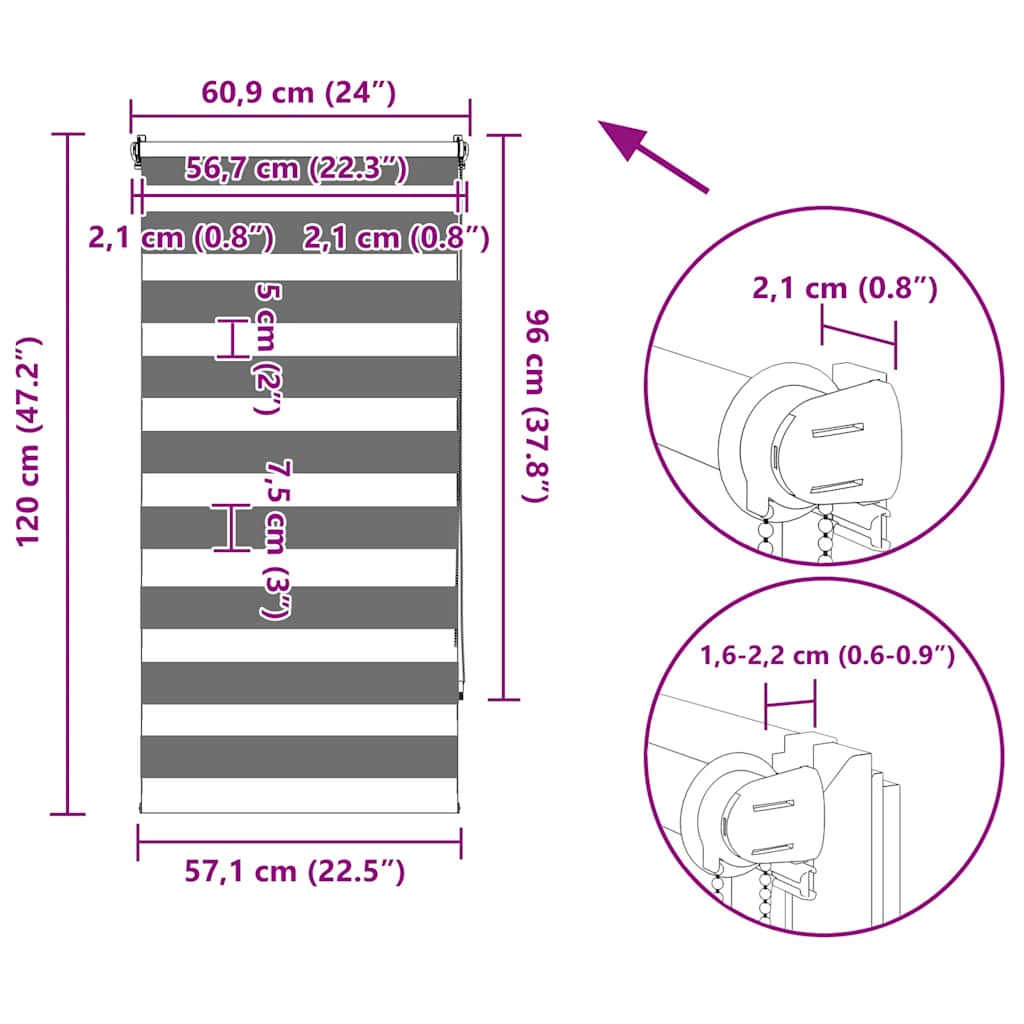 Zebra zavjesa 60,9 x 120 cm Širina tkanine 56,7 cm siva