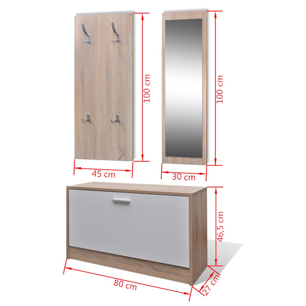 3-u-1 set drvenog ormarića za cipele boja hrasta i bijela