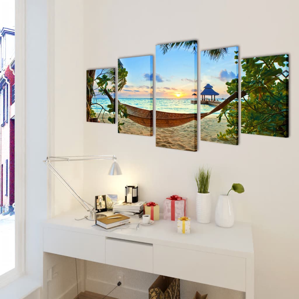 Zidne Slike na Platnu s Printom Plaže i Viseće Mreže 100 x 50 cm