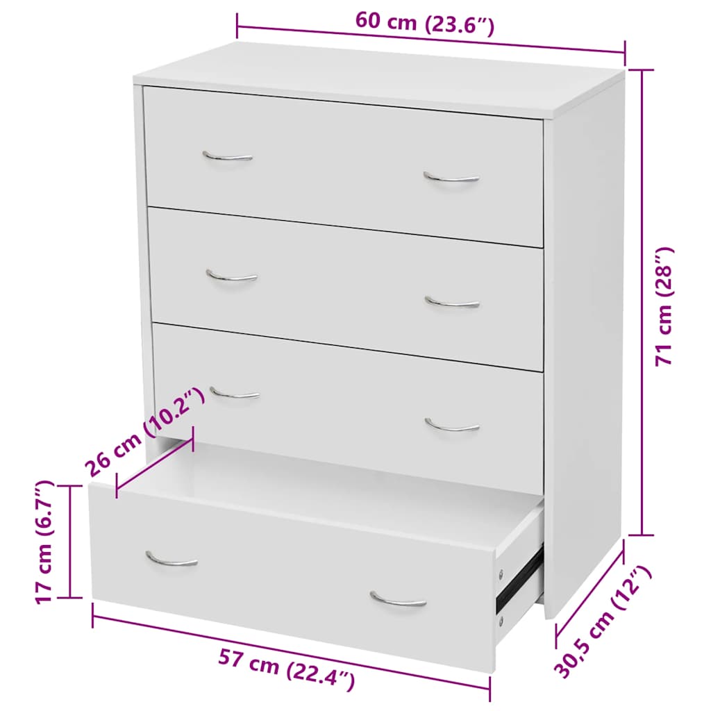 Komoda s 4 ladice 60 x 30,5 x 71 cm bijele