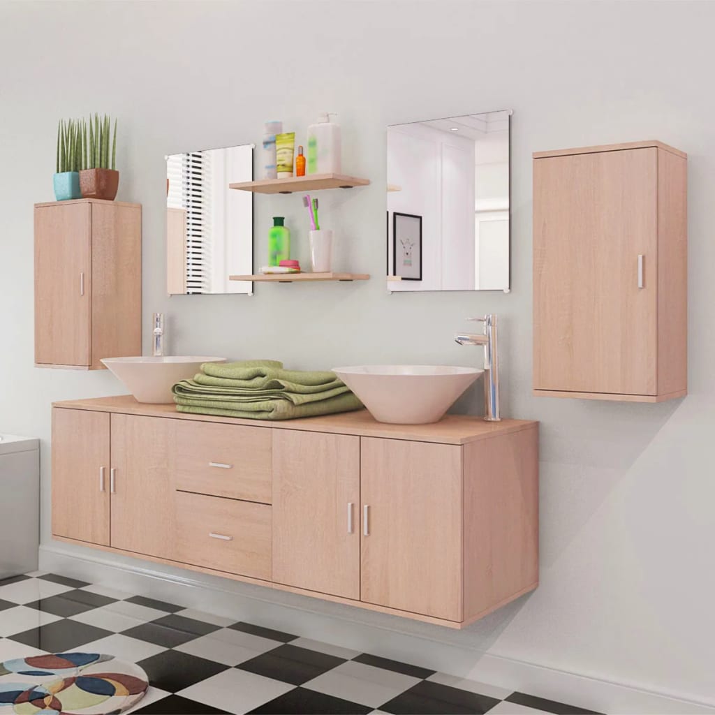 9-dijelni Bež Komplet Namještaja za Kupaonu sa Umivaonikom