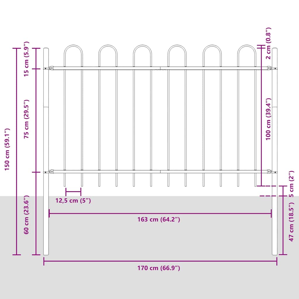 Vrtna ograda BOXTEL s obručem na vrhu čelik 181x100 cm crna