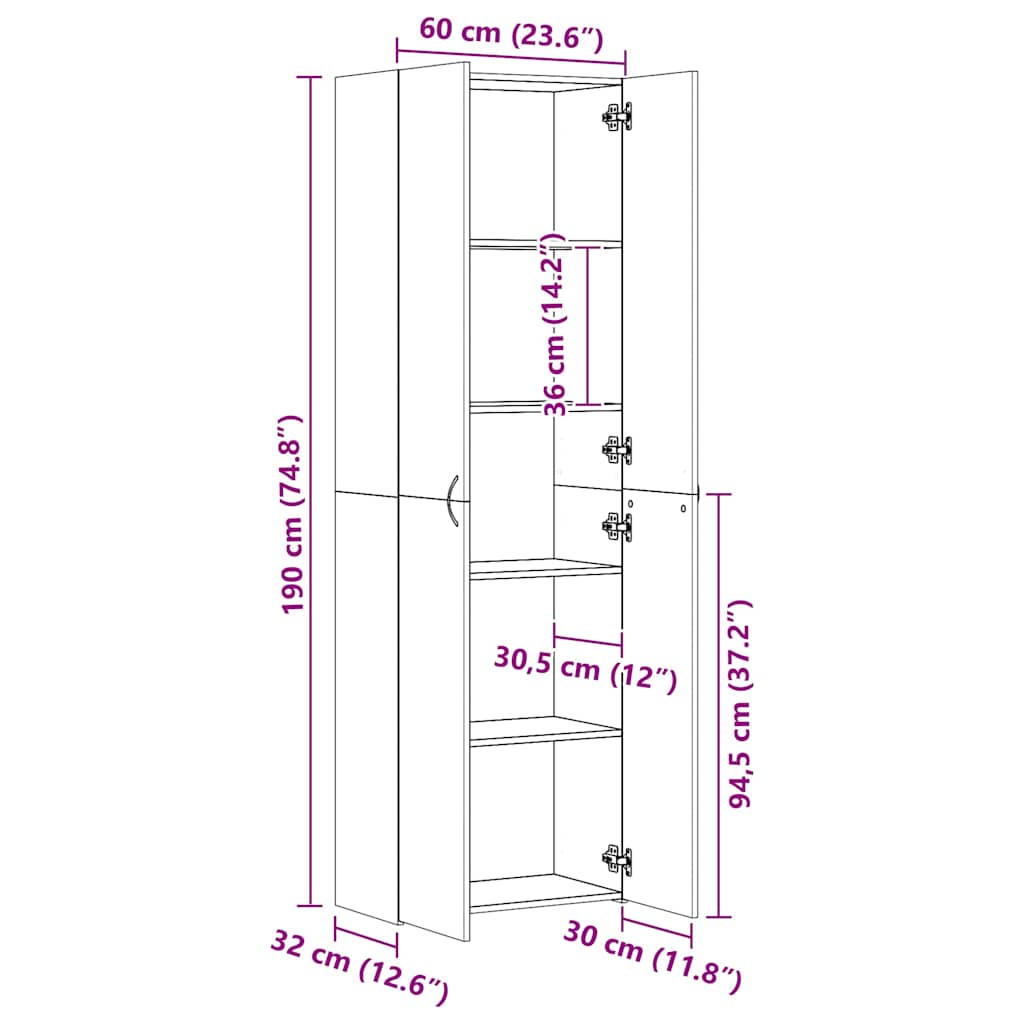 Uredski ormarić crni 60 x 32 x 190 cm od konstruiranog drva