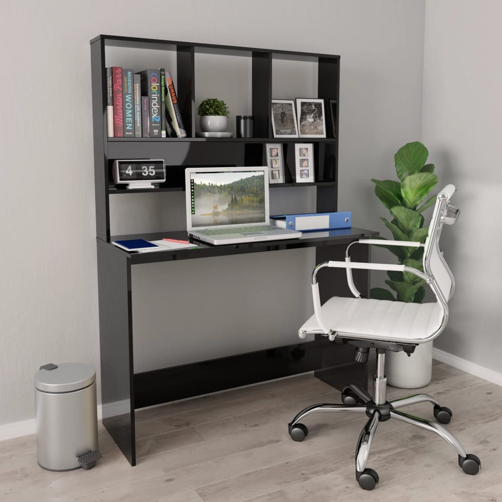 Radni stol s policama visoki sjaj crni 110x45x157 cm iverica