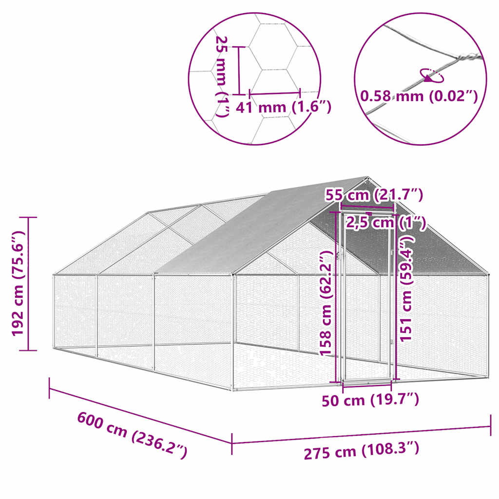 Vanjski kavez za kokoši od pocinčanog čelika 2,75 x 6 x 1,92 m
