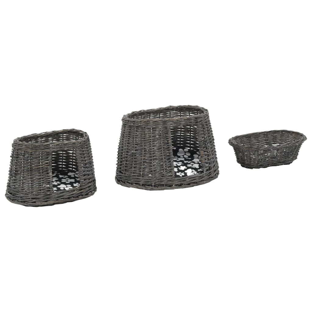 3-dijelni set košara za mačke s jastucima sivi 47x34x60 cm vrba