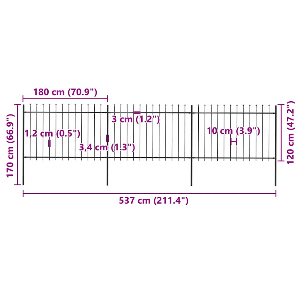 Vrtna ograda s vrhom koplja Čelik 537x120 cm Crna