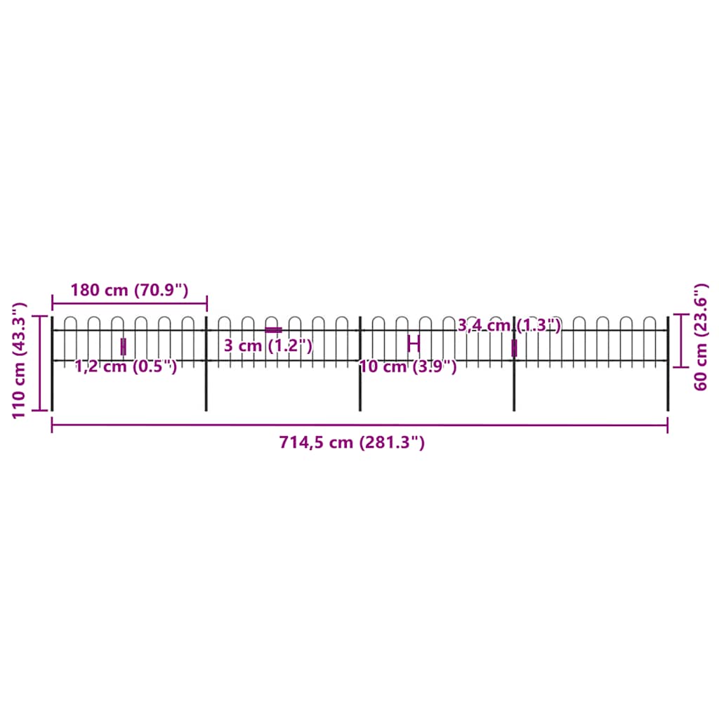 Vrtna ograda s obručem na vrhu Čelik 714,5 x 60 cm Crna