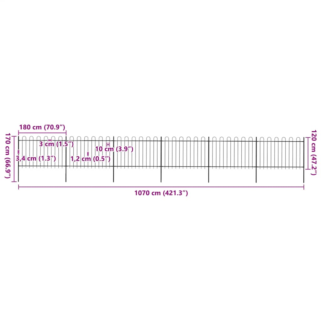 Vrtna ograda s obručem na vrhu Čelik 1070x120 cm Crna