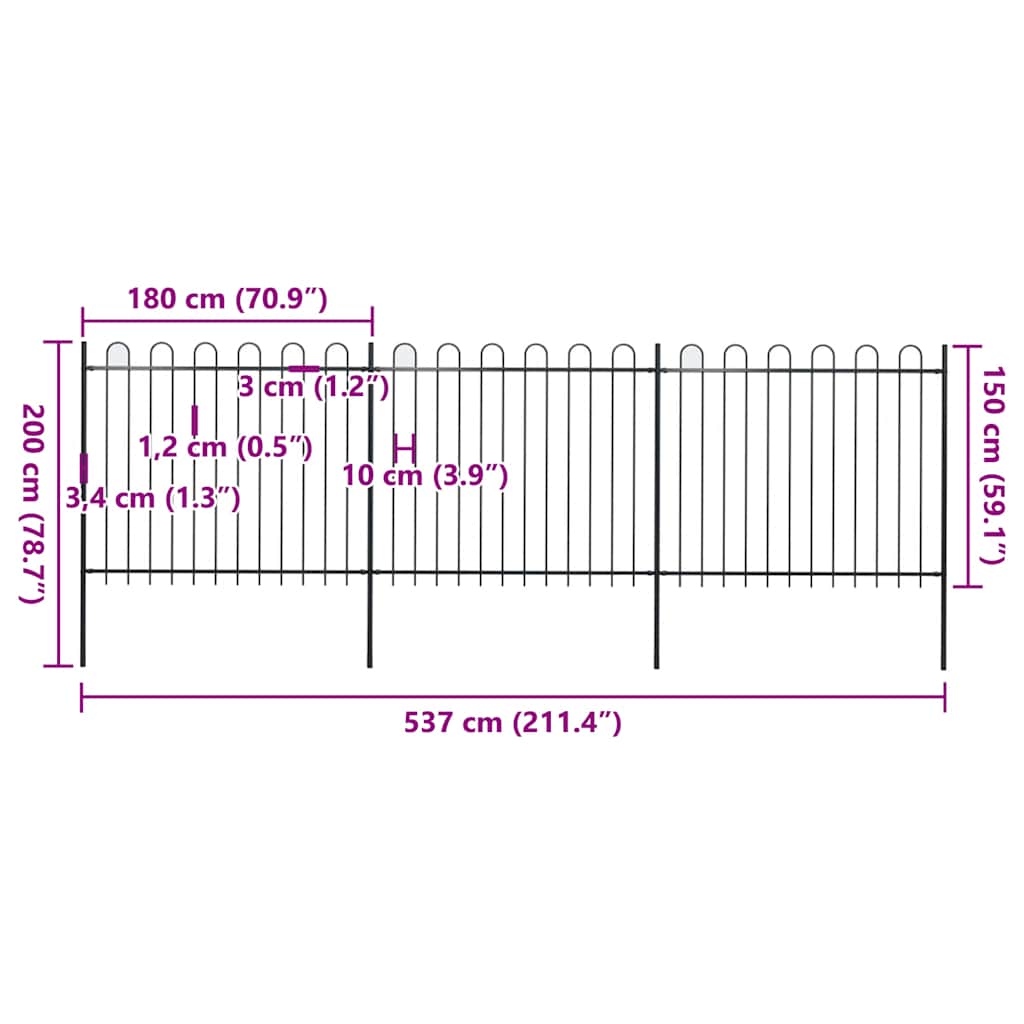 Vrtna ograda s obručem na vrhu Čelik 537x150 cm Crna