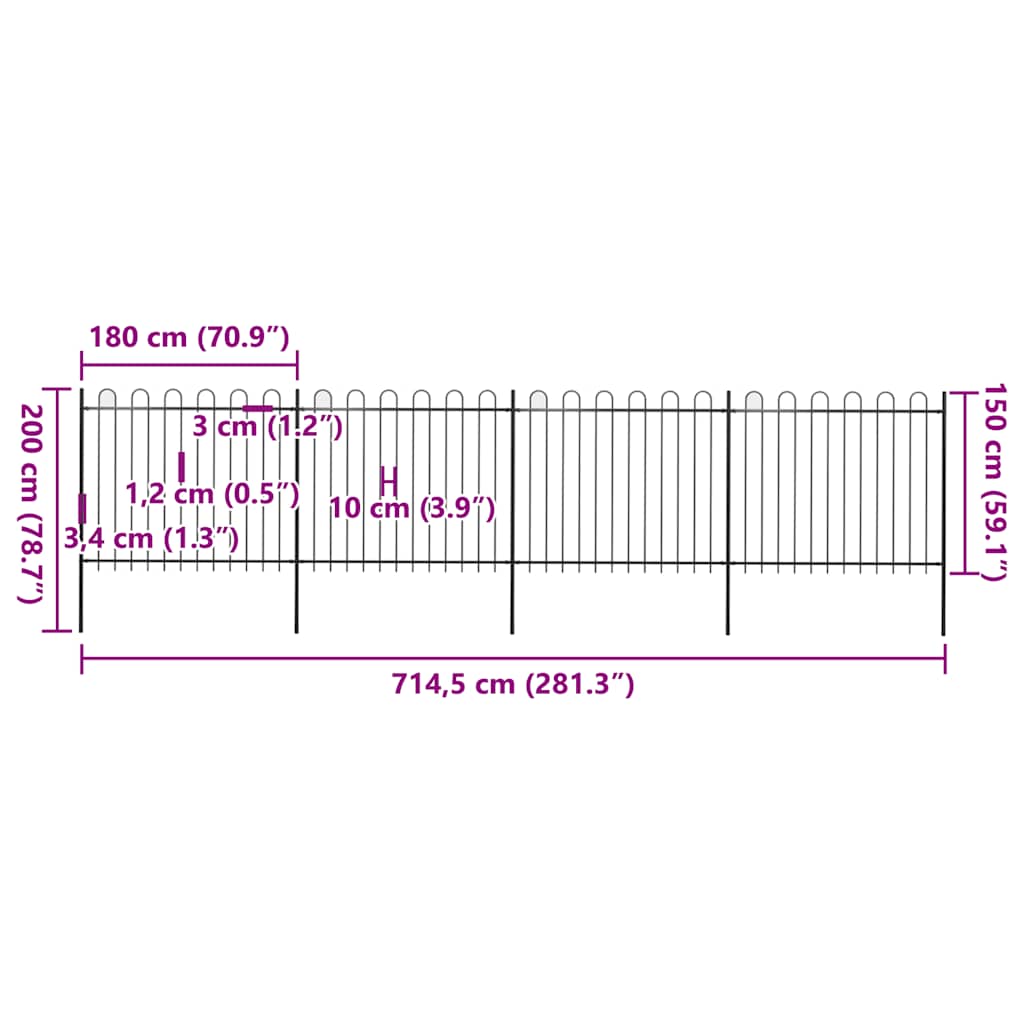 Vrtna ograda s obručem na vrhu Čelik 714,5 x 150 cm Crna