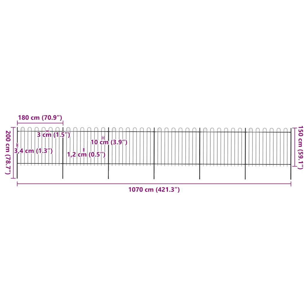 Vrtna ograda s obručem na vrhu Čelik 1070x150 cm Crna