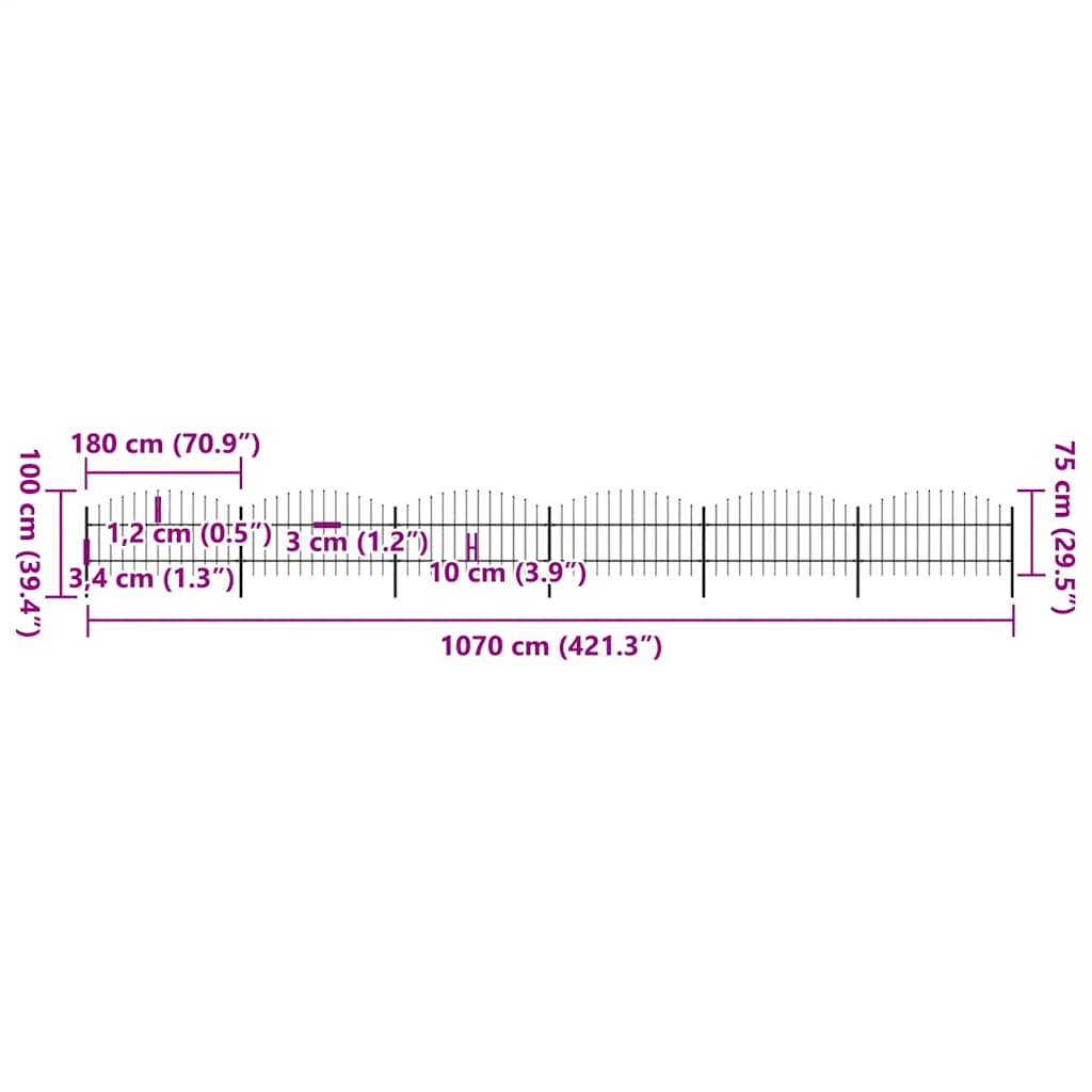 Vrtna ograda s vrhom koplja Čelik 1070x100 cm Crna