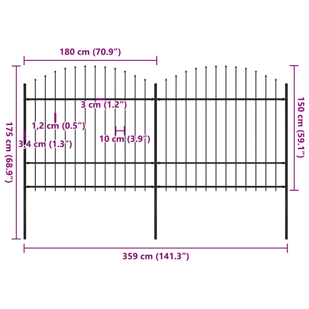 Vrtna ograda s vrhom koplja Čelik 359x175 cm Crna