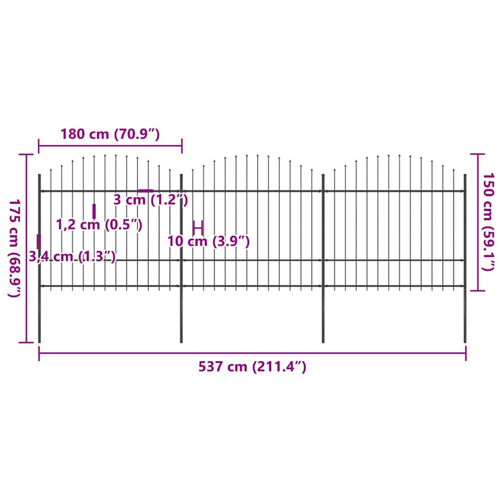 Vrtna ograda s vrhom koplja Čelik 537x175 cm Crna