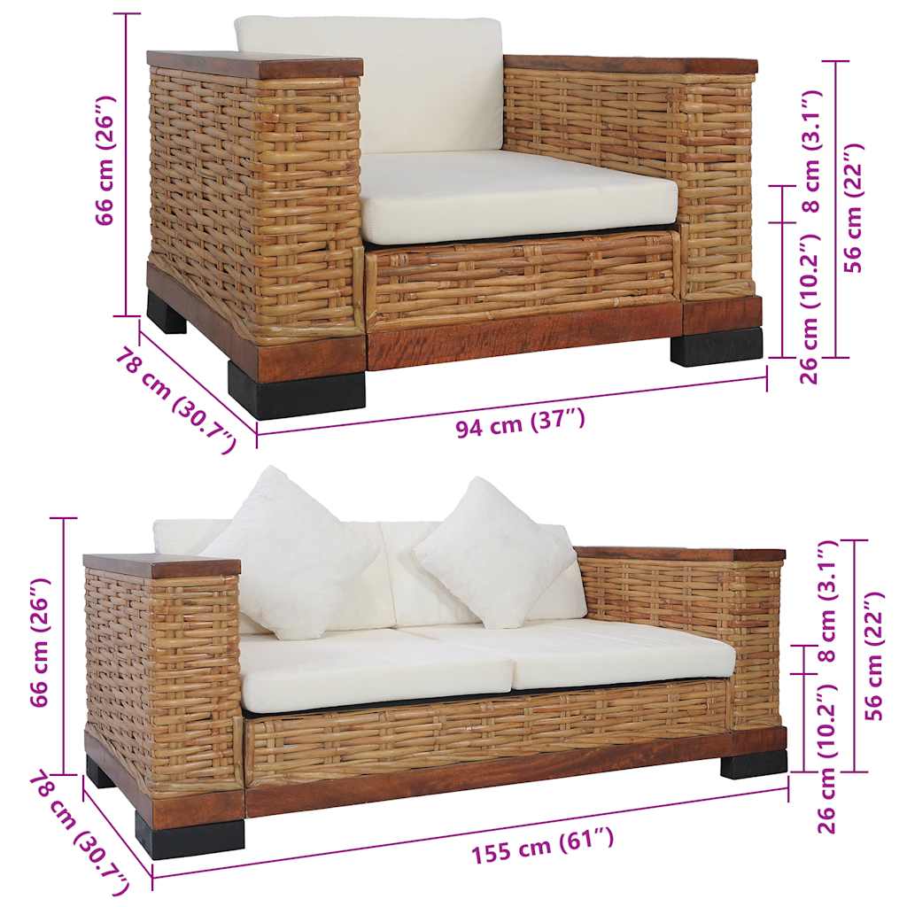2-dijelni set sofa od prirodnog ratana s jastucima smeđi